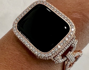 Designer Apple Watch Band 38 40 41 42 44 45 49mm Ultra Rose Gold Pave  Crystals & or Lab Diamond Bezel Cover Smartwatch Case Bling