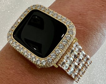 Huge Bling Apple Watch Band Woman Baguette & Radiant Cut Swarovski Crystals Yellow Gold and or Apple Watch Cover 3.5mm Lab Diamond Bezel