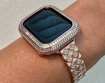 Luxury Rose Gold Apple Watch Band Womens  Crystal Bracelet & or Apple Watch Cover Lab Diamond Baguette Case Iwatch Candy Bling