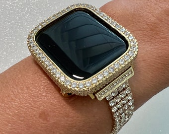 Womens Apple Watch Band Gold  Crystal 38 40 41 42 44 45 49mm Ultra & or Apple Watch Cover Lab Diamond Bezel Apple Watch Case Bling