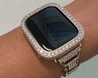 Rose Gold Apple Watch Band Women Swarovski Crystals & or Apple Watch Case Lab Diamond Bumper Cover 38mm-49mm Iwatch Candy Bling Series 10