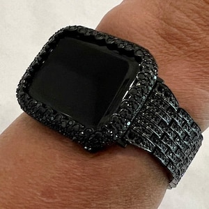 Custom Apple Watch Band Black Swarovski Crystal & or Apple Watch Cover Lab Diamond 38mm 40mm 41mm 42mm 44mm 45mm 46mm 49mm Ultra Bling