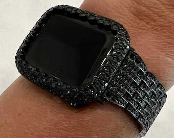 Custom Apple Watch Band Black Swarovski Crystal & or Apple Watch Cover Lab Diamond 38mm 40mm 41mm 42mm 44mm 45mm 46mm 49mm Ultra Bling