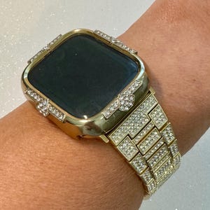 Gold Apple Watch Band Womens Bracelet 41mm 45mm Swarovski Crystals & or Apple Watch Case 40mm 44mm Iwatch Cover Screen Protector Bling