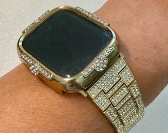 Gold Apple Watch Band Womens Bracelet 41mm 45mm Swarovski Crystals & or Apple Watch Case 40mm 44mm Iwatch Cover Screen Protector Bling