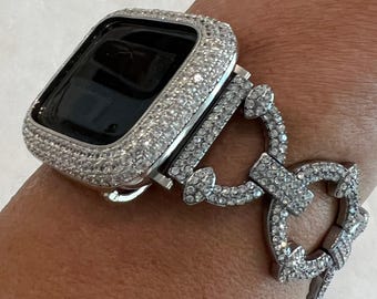Damen-Apple-Watch-Armband mit Pavé-Fassung, hochwertiges silbernes Kristallglas (38–49 mm) und/oder Apple-Watch-Gehäuse, Lünette mit Labordiamanten, funkelndes iWatch-Gehäuse