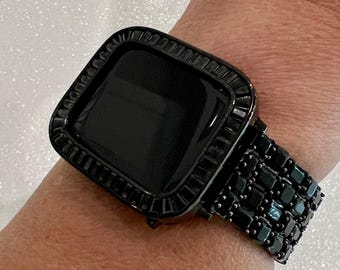 Black Apple Watch Band Woman Baguette Princess Swarovski Crystals Black & or Bling Apple Watch Cover Lab Diamond Bezel 38 40 41 42 44 45mm