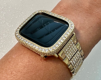 Mens Apple Watch Band Womens Gold Stainless Steel Swarovski Crystals & or Apple Watch Case Lab Diamond Bezel 38mm-49mm Series 10 Iwatch Case