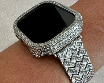 Ultra Apple Watch Band 49mm Silver Large Swarovski Crystals & or Apple Watch Cover Lab Diamonds Protective Bumper Case 38mm-45mm