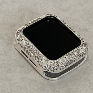 Crystal Apple Watch Cover Silver, Apple Watch Case Floral Smartwatch Bumper Bling 38mm 40mm 41mm 42mm 44mm 45mm Series 2-9 Gift