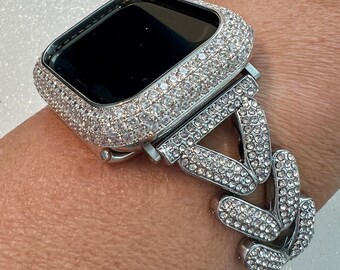 Designer Apple Watch Band Woman Silver Swarovski Crystal Heart Charm & or Apple Watch Case Lab Diamond Bezel 38mm-49mm Apple Watch Cover