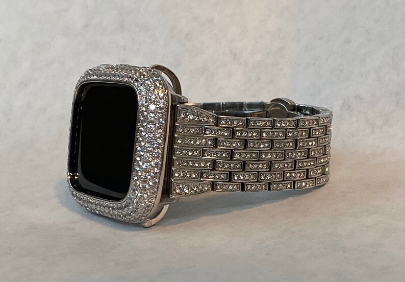 41mm 45mm 49mm Ultra Apple Watch Band Silver Crystals & or Smartwatch Lab Diamond Bezel Cover Bling Series 8 image 4