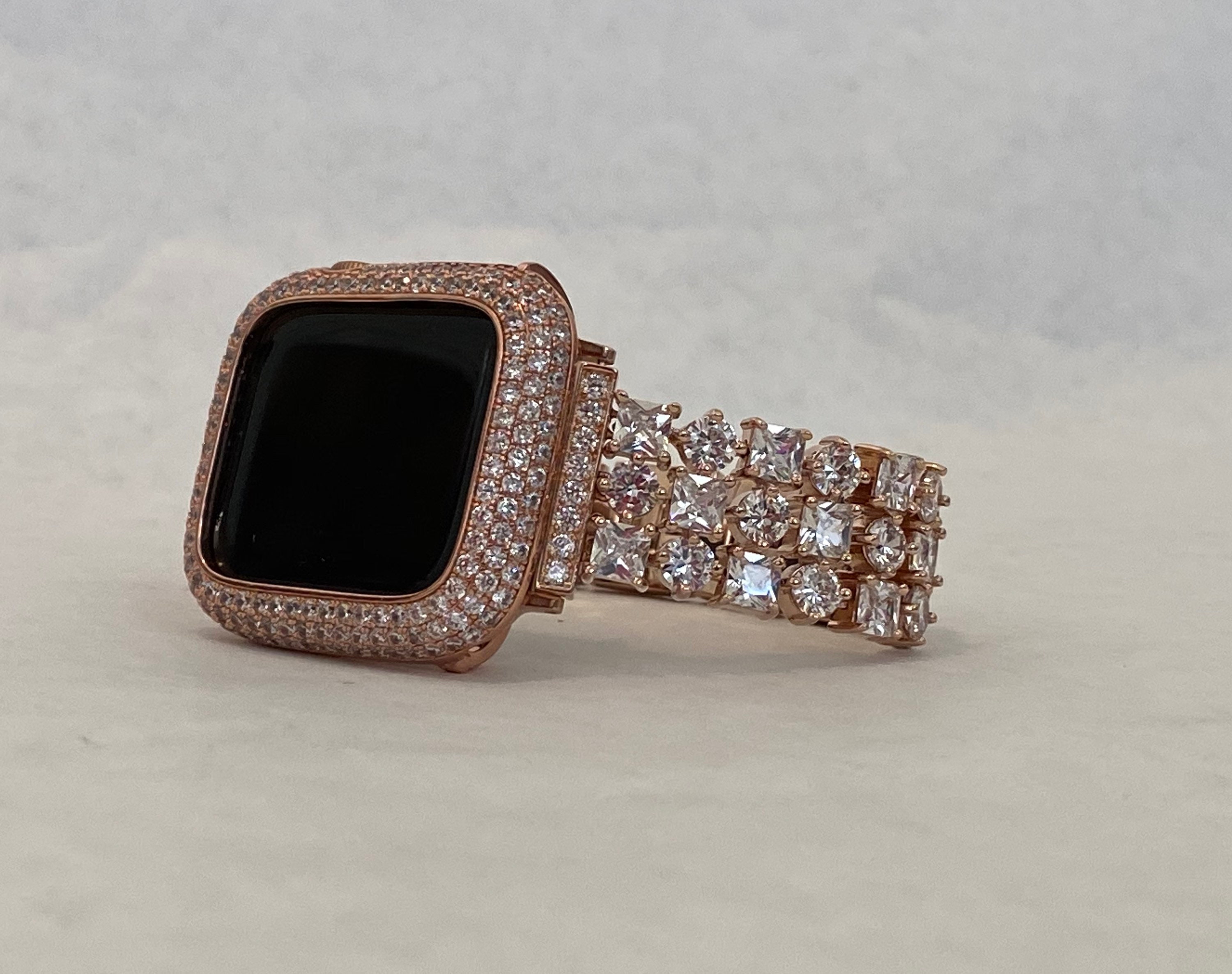 Rose Gold Apple Watch Band Series 7 41mm 45mm Swarovski Crystals & or Lab Diamond Bezel Cover 38 