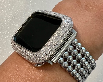 Silver Apple Watch Band Women Stainless Steel Beaded 38mm-49mm Ultra, Iwatch Phone band & or Apple Watch Case Lab Diamond Bezel Cover Gift