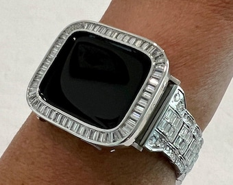 Series 2-9 Iced Out Apple Watch Band Silver 41mm 45mm Swarovski Crystals & or Apple Watch Cover Baguette Lab Diamonds Iwatch Phone Case