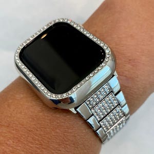 Series 10 Apple Watch Band 42mm 46mm Swarovski Crystals Silver Stainless Steel & or Apple Watch Case Protective Cover 41mm 45mm 49mm Ultra
