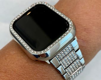 Series 10 Apple Watch Band 42mm 46mm Swarovski Crystals Silver Stainless Steel & or Apple Watch Case Protective Cover 41mm 45mm 49mm Ultra
