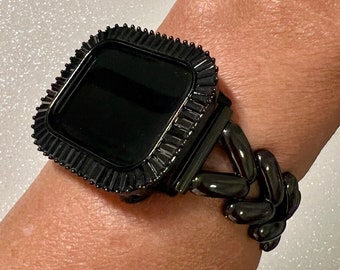 Black on Black Apple Watch Band, Sleek Iphone Watch Band V Link & or Apple Watch Case Baguette Lab Diamond Bezel Iwatch Cover Bling