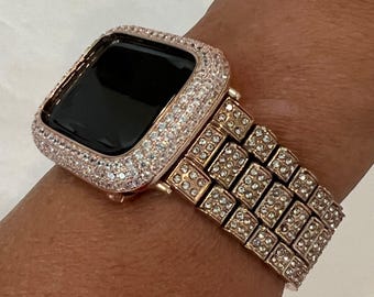 Apple Watch Band Crystal & or Rose Gold Lab Diamond Bezel Cover Smartwatch Case Bling 38 40 41 42 44 45 46 49mm Ultra Series 10