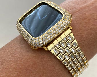 Yellow Gold Apple Watch Band Womens Baguette Swarovski Crystals & or Apple Watch Case Pave Lab Diamonds Apple Watch Cover Iwatch Candy Bling