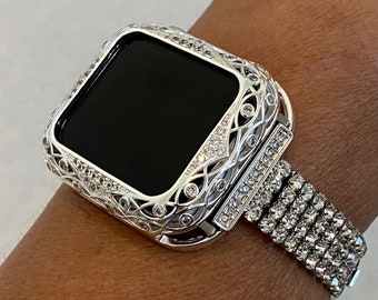 Series 2-9 Apple Watch Band Women Silver 38mm 40mm 41mm 42mm 44mm 45mm & or Apple Watch Cover  Crystal Apple Watch Case Bling