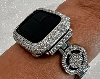 Apple Watch Band 41mm 45mm 49mm Ultra Silver Pave Swarovski Crystals & or Apple Watch Cover Case Smartwatch Bumper Bling 38mm-45mm 2-10