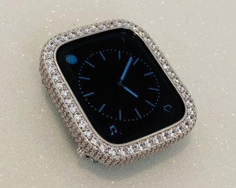 Custom Apple Watch Cover Silver Lab Diamond Bezel, Metal Apple Watch Case Bling 38mm 40mm 41mm 42mm 44mm 45mm Smartwatch Bumper Iphone Watch