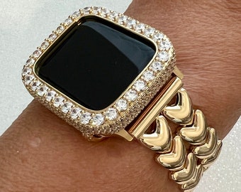 Gold Apple Watch Band Double Row Hearts Bracelet, Iphone Watch Band, Iwatch band & or Apple Watch Case 3.5mm Lab Diamond Bezel Cover Gift