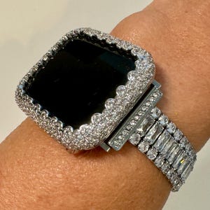White Gold Apple Watch Band Womens Swarovski Crystals & or Silver Lab Diamond Apple Watch Bezel Cover 38mm-49mm Series 2-11
