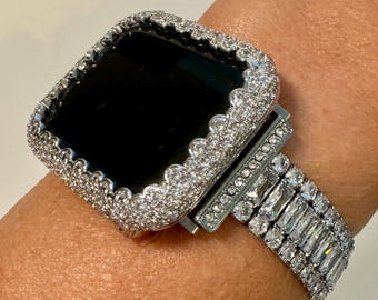 White Gold Apple Watch Band Womens Swarovski Crystals & or Silver Lab Diamond Apple Watch Bezel Cover 38mm-49mm Series 2-10