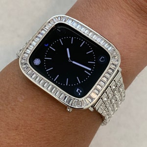 Custom Silver Apple Watch Band  Crystal Baguettes  38 40 41 42 44 45mm & or Apple Watch Case Baguette Lab Diamond Bezel Cover Gift