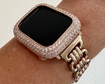 Rose Gold Designer Apple Watch Band Link Bracelet, Iphone Watch Band & or Apple Watch Case Lab Diamonds Bezel Iwatch Phone Cover Minimalist