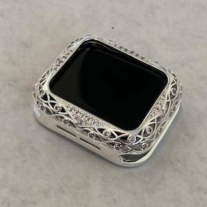 Designer Womens Silver Apple Watch Bezel Cover Apple Watch Case Bumper Swarovski Crystals for Smartwatch 38mm 40mm 42mm 44mm Series 1-8 Lace by Iwatch Candy