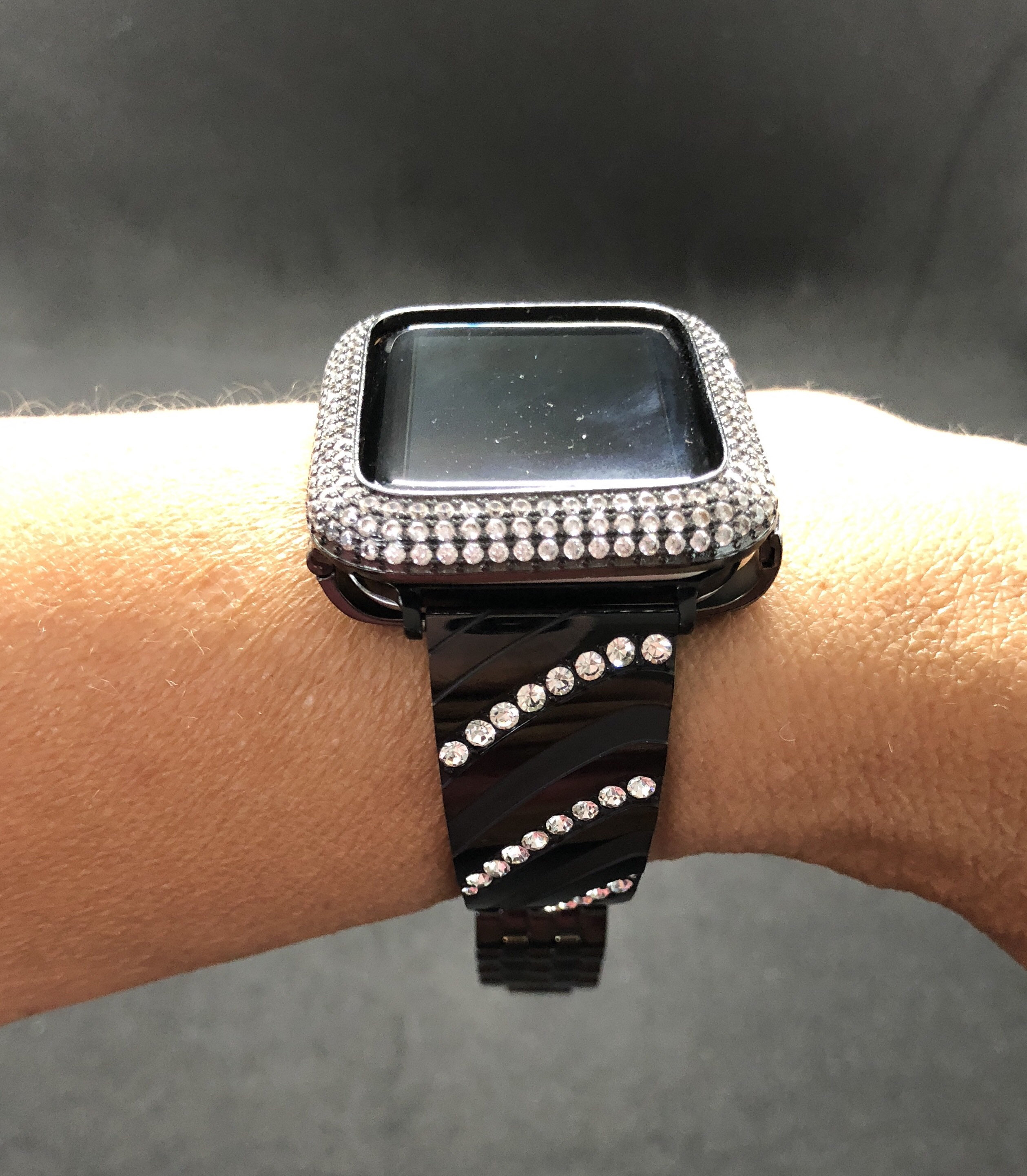 Black Apple Watch Band 42mm 44mm Womens Stainless Steel Crystal