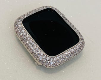 Series 2-10 Silver Apple Watch Cover Women, Pave Lab Diamond Iwatch Case, Metal Lab Diamond Iwatch Bling 38mm-46mm S2-10