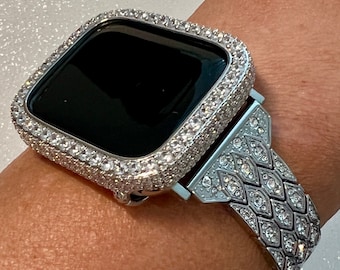 Pave Apple Watch Band Silver Crystals 38mm-49mm Ultra & or Apple Watch Cover Lab Diamond Bezel Apple Watch Case for Iphone Watch Bracelet
