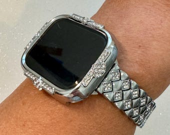 Silver Apple Watch Band Womens Bracelet Swarovski Crystal & or Apple Watch Case Swarovski Crystal phone Watch Cover Tempered Glass Series 10