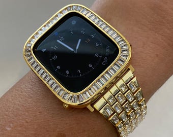 Gold Apple Watch Band Crystal Baguettes 38mm 40mm 42mm 44mm & or Apple Watch Case Baguette Lab Diamond Bezel Cover Series 9