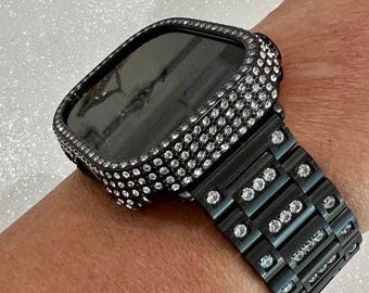 Ultra Apple Watch Band 49mm Black Swarovski Crystals Stainless Steel & or Crystal Bezel Cover Smartwatch Bumper Bling Series 9 Iwatch Candy