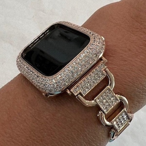 Rose Gold Apple Watch Band Womens Swarovski Crystals 38mm-49mm Bracelet & or Apple Watch Cover Lab Diamond Bezel Iphone Watch Case Bling