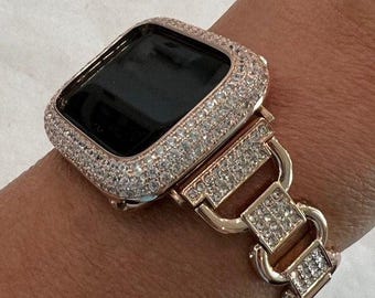 Rose Gold Apple Watch Band Womens Swarovski Crystals 38mm-49mm Bracelet & or Apple Watch Cover Lab Diamond Bezel Iphone Watch Case Bling