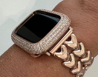 Series 10 Rose Gold Apple Watch Band 2 Row Hearts Bracelet 38mm-49mm, Iwatch band & or Apple Watch Case Pave Lab Diamond Bezel Cover Gift
