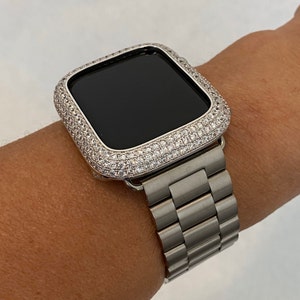 Apple Watch Band Silver Stainless Steel Style & or Iphone Apple Watch Cover Lab Diamond Bezel Iwatch Case 38mm-49mm Ultra Series 10