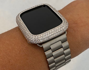 Apple Watch Band Silver Stainless Steel Style & or Iphone Apple Watch Cover Lab Diamond Bezel Iwatch Case 38mm-49mm Ultra Series 10