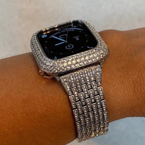 Series 10 Apple Watch Band Silver Stainless Steel Swarovski Crystals & or Apple Watch Case Lab Diamond Bezel Bling Iphone Watch Cover Bling