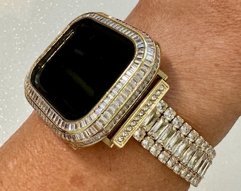 14k Yellow Gold Plated Apple Watch Band Womens Swarovski Crystal & or Apple Watch Case Lab Diamond Bezel for Iphone Watch Cover Iwatch Candy