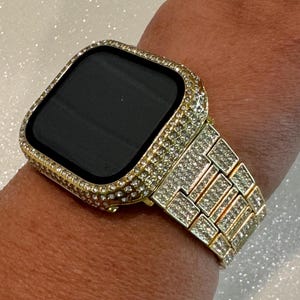 Series 10 Apple Watch Band Gold Stainless Steel Swarovski Crystal & or Apple Watch Cover Tempered Glass Screen Protector Iwatch Case