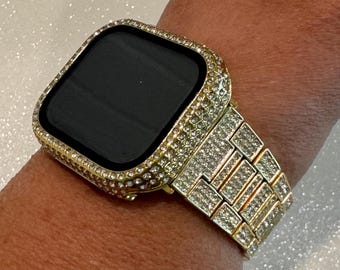 Series 10 Apple Watch Band Gold Stainless Steel Swarovski Crystal & or Apple Watch Cover Tempered Glass Screen Protector Iwatch Case