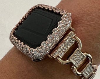 Womens Apple Watch Band Rose Gold Crystal Bracelet & or Apple Watch Case Lab Diamond Bezel Apple Watch Covers 38-49mm Gift for her