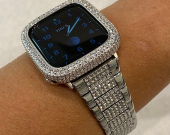 Series 9 Apple Watch Band Series 41mm 45mm 49mm Ultra Silver Swarovski Crystals & or Lab Diamond Bezel Cover Smartwatch Bling 38 40 42 44mm
